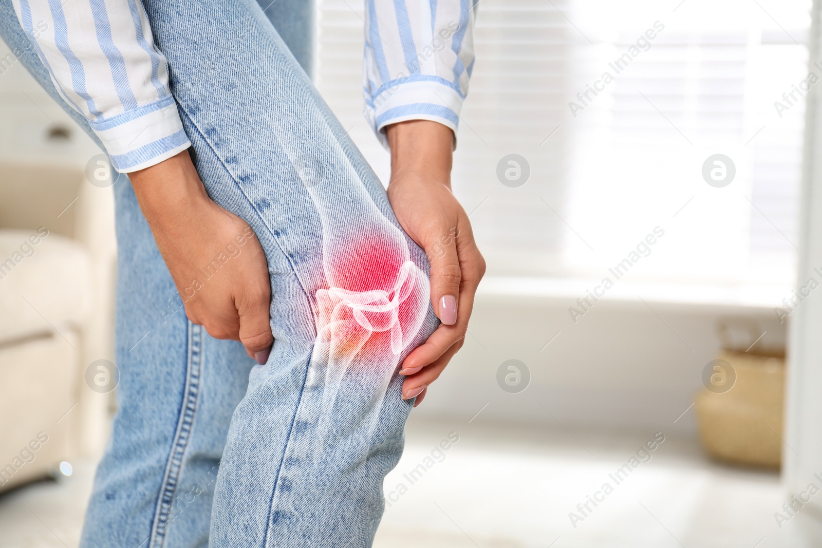 Image of Sick woman at home, closeup. Digital compositing with illustration of knee joint