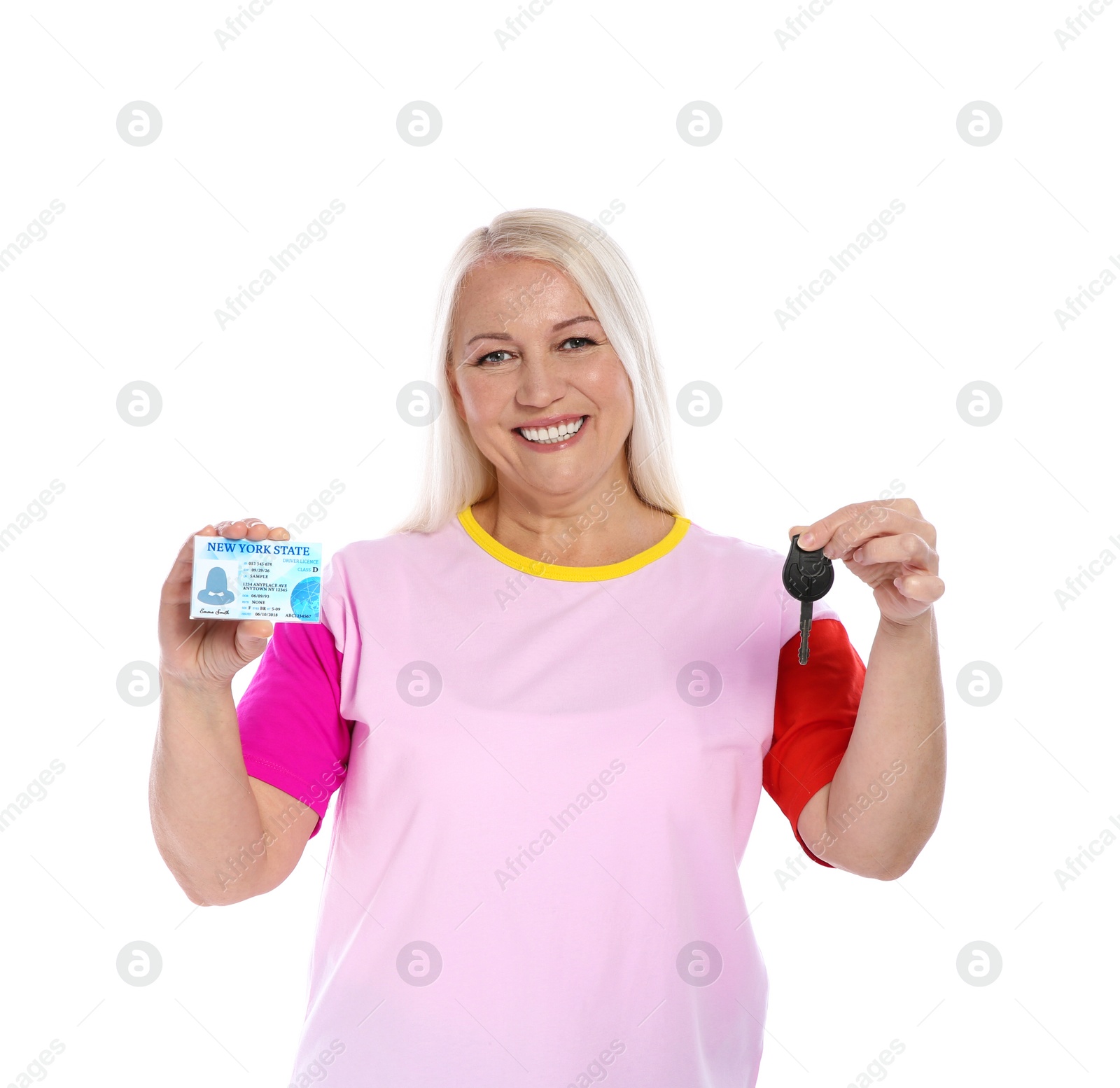 Photo of Happy mature woman with driving license and car key on white background