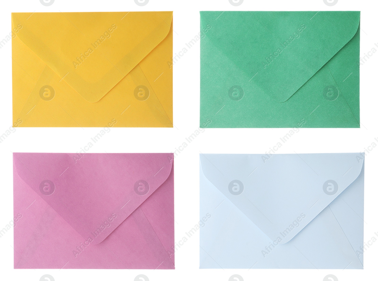 Image of Set of bright envelopes on white background