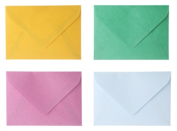 Image of Set of bright envelopes on white background