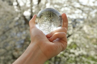 Beautiful tree with white blossoms outdoors, overturned reflection. Man holding crystal ball in spring garden, closeup