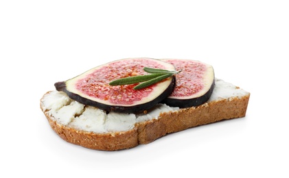 Photo of Sandwich with ripe fig and cream cheese on white background