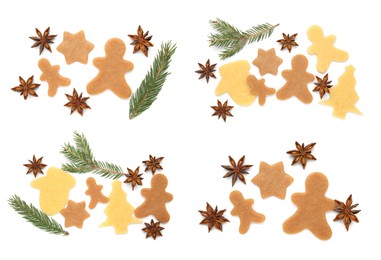 Image of Set with unbaked Chsristmas cookies, anise stars and fir twigs on white background, top view