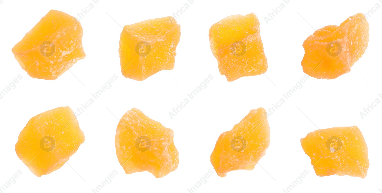 Image of Set with tasty pieces of candied fruits on white background. Banner design