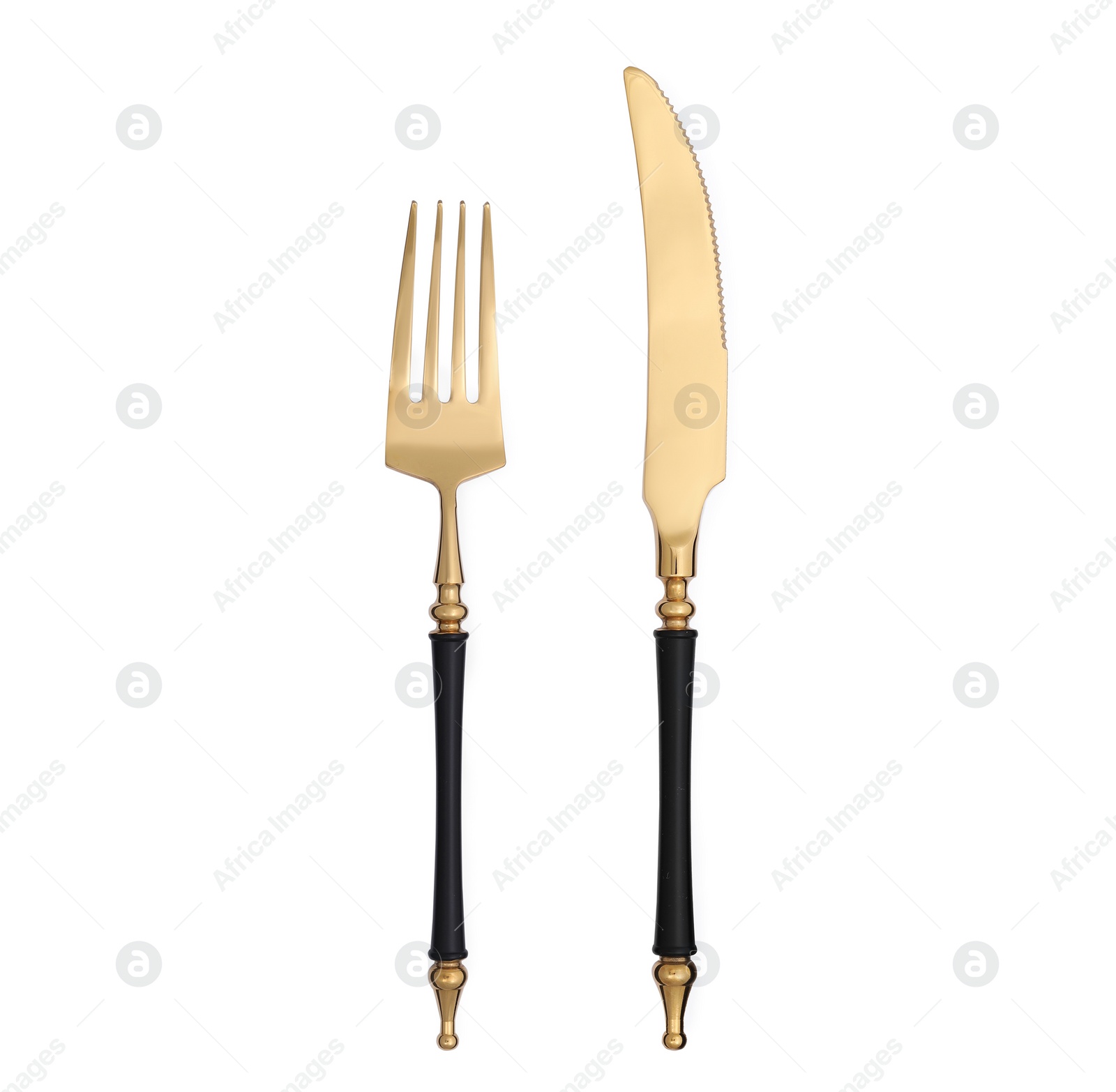 Image of Stylish golden fork and knife on white background, top view