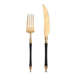 Image of Stylish golden fork and knife on white background, top view