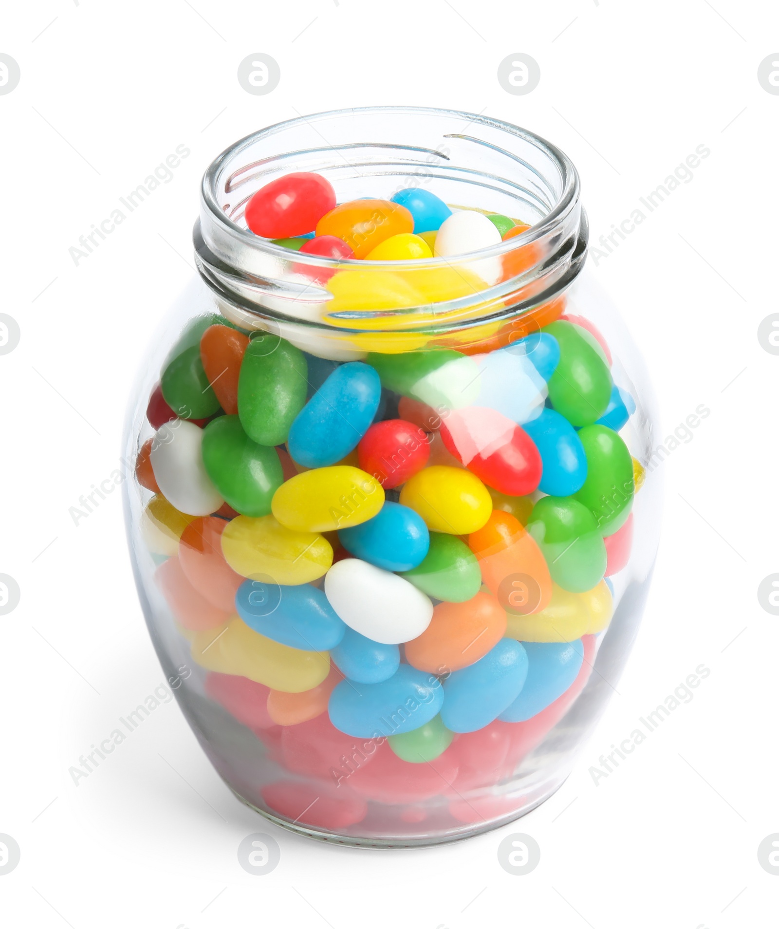 Photo of Jar of delicious color jelly beans isolated on white