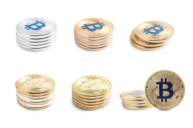 Collage with many bitcoins on white background