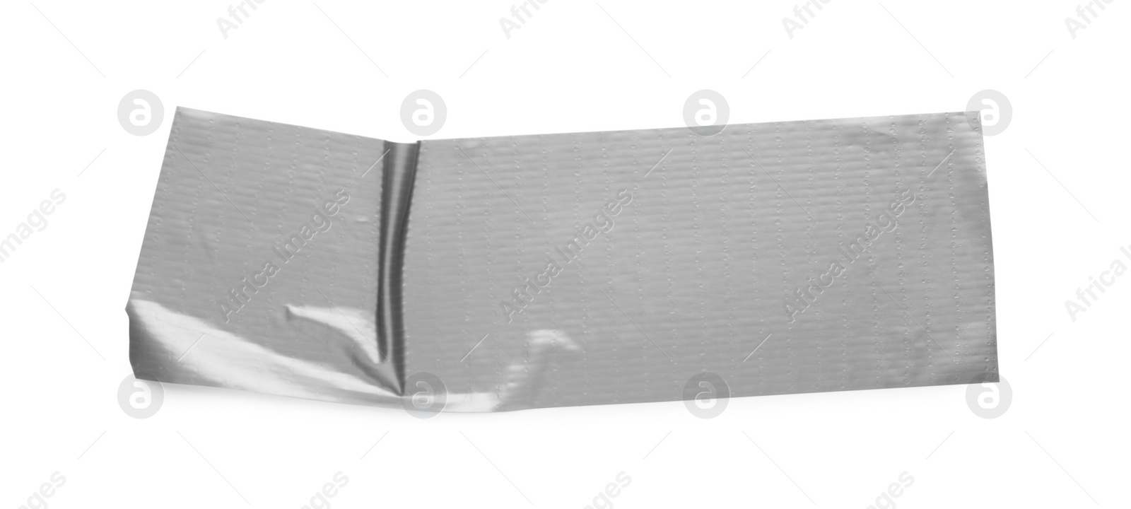 Photo of Piece of silver adhesive tape isolated on white, top view