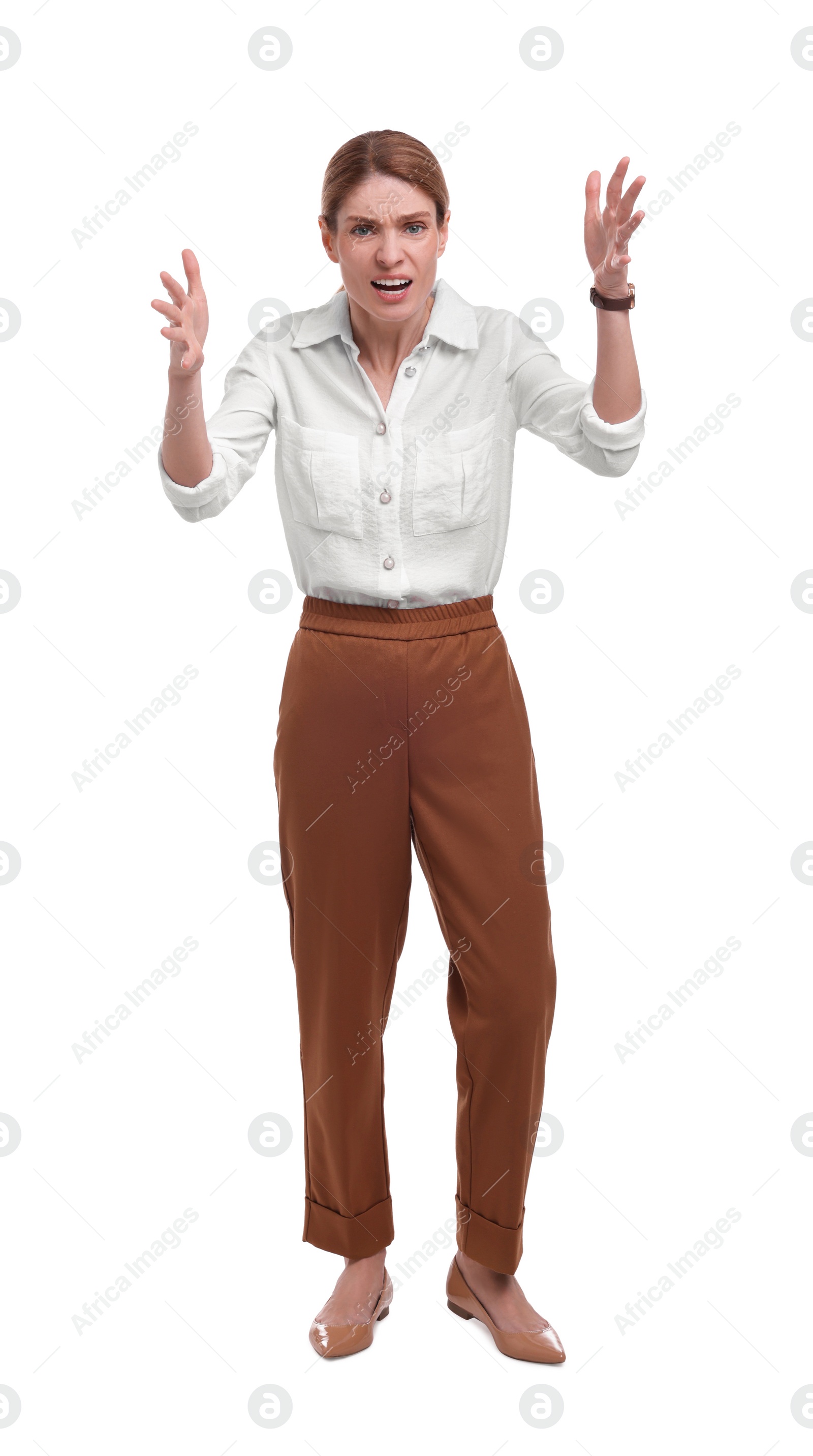 Photo of Beautiful emotional businesswoman posing on white background