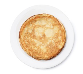 Photo of Stack of delicious crepes on plate against white background, top view