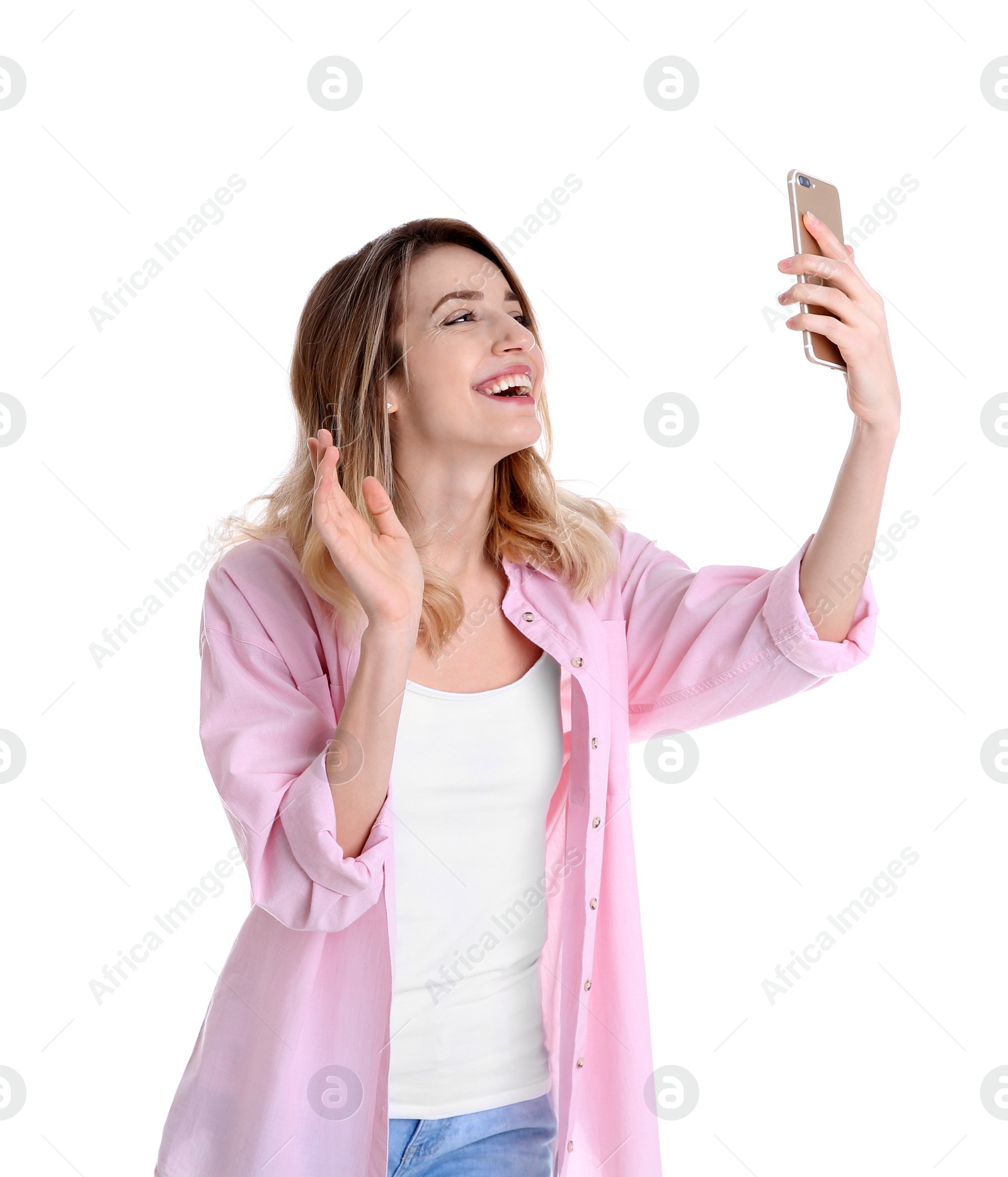 Photo of Woman using mobile phone for video chat isolated on white