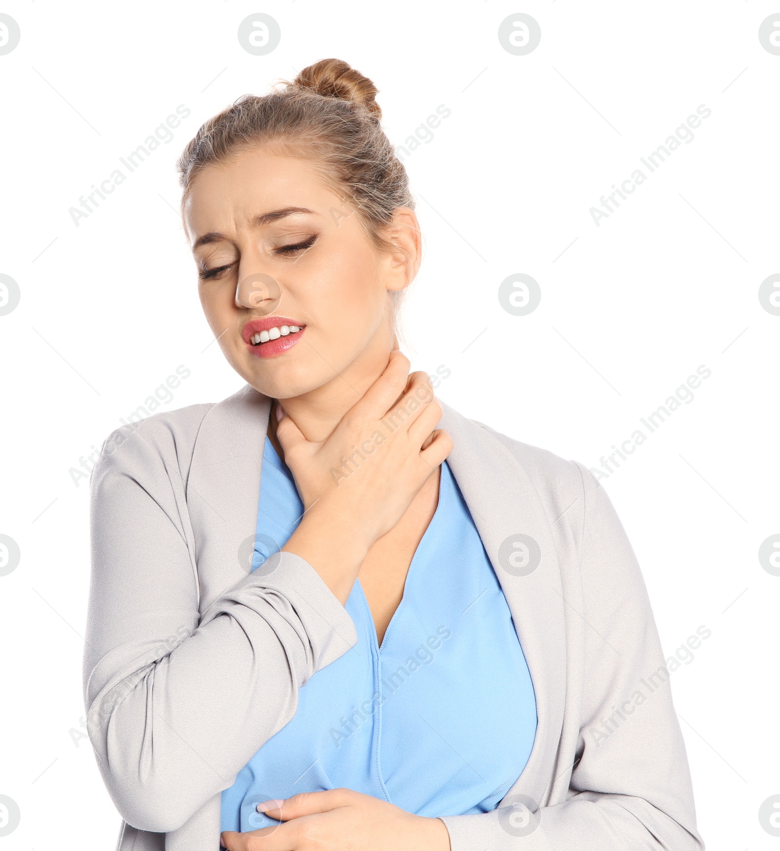 Photo of Young woman scratching neck on white background. Annoying itch