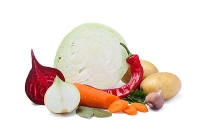 Photo of Ingredients for traditional borscht on white background