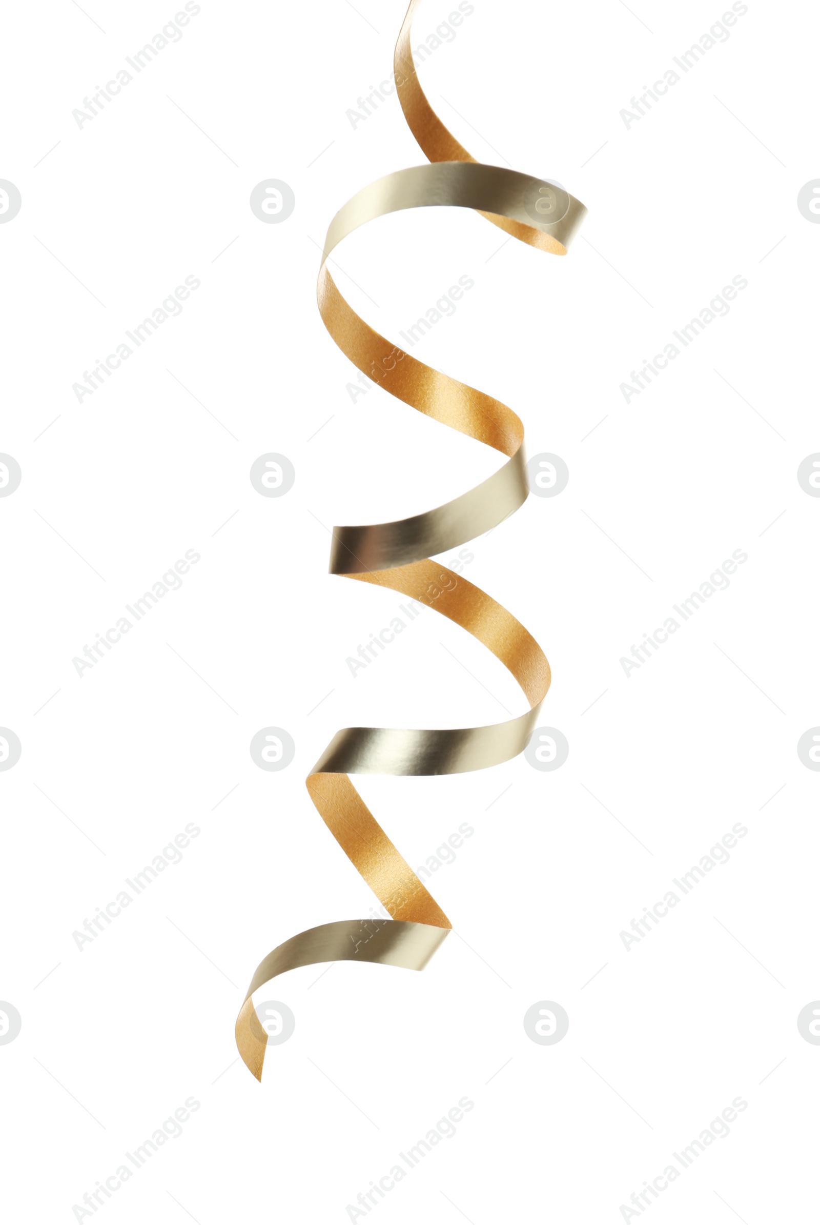 Photo of Shiny serpentine streamer on white background. Festive decor