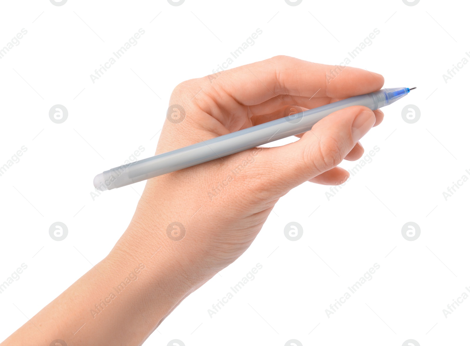 Photo of Woman holding erasable pen on white background, closeup