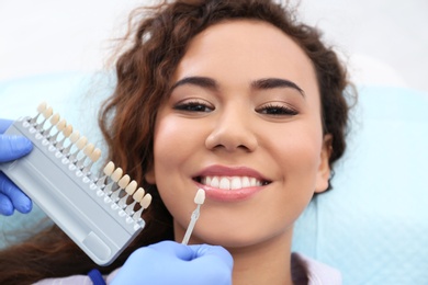 Dentist matching patient's teeth color with palette in office