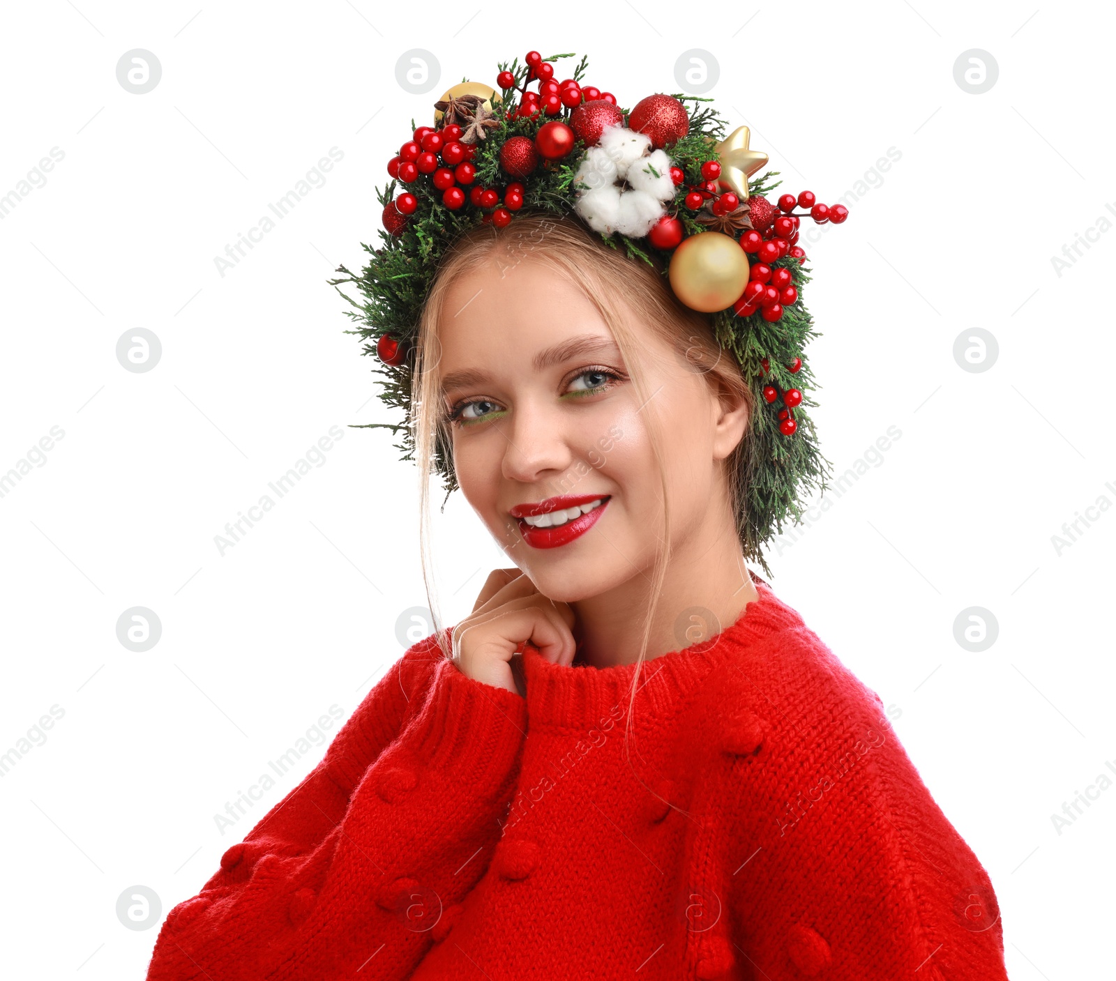 Photo of Beautiful young woman wearing Christmas wreath on white background