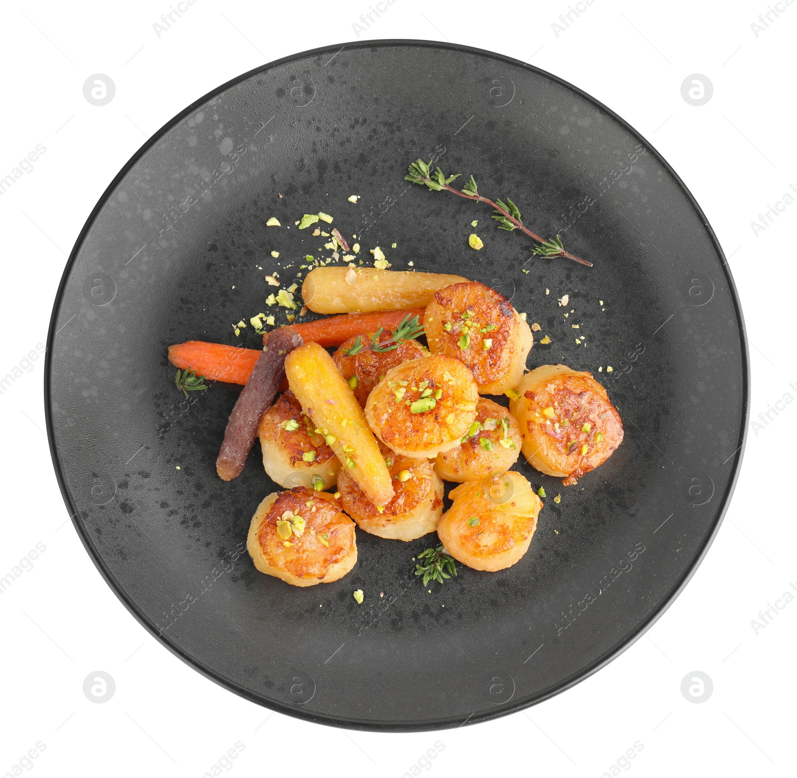 Photo of Delicious fried scallops with carrot and spices isolated on white, top view