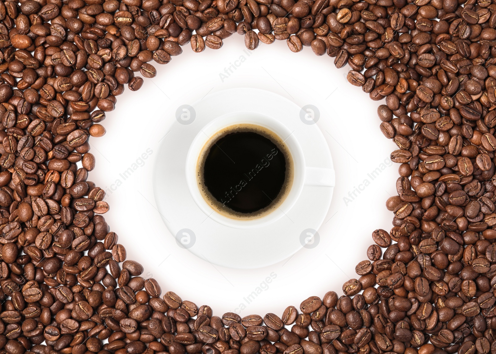 Image of Cup of tasty espresso and roasted coffee beans on white background, flat lay