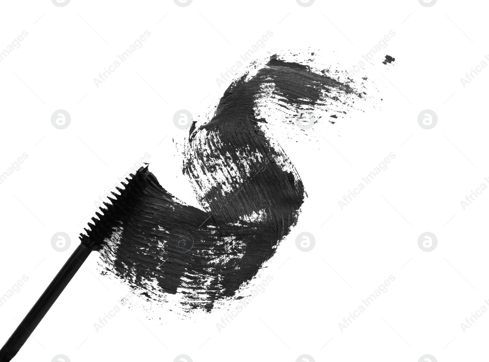 Photo of Applicator and black mascara smear on white background, top view