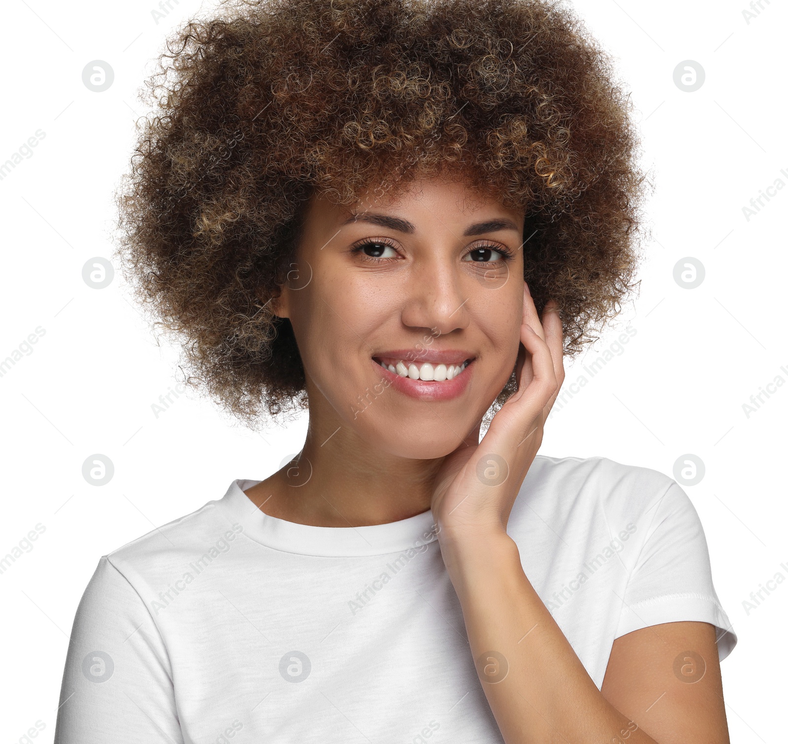 Photo of Woman with clean teeth smiling on white background