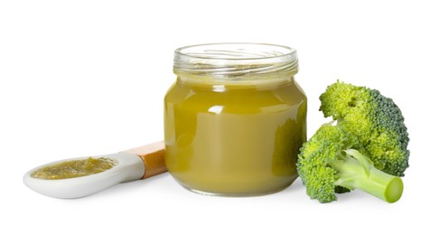 Tasty baby food in jar, spoon and fresh broccoli isolated on white