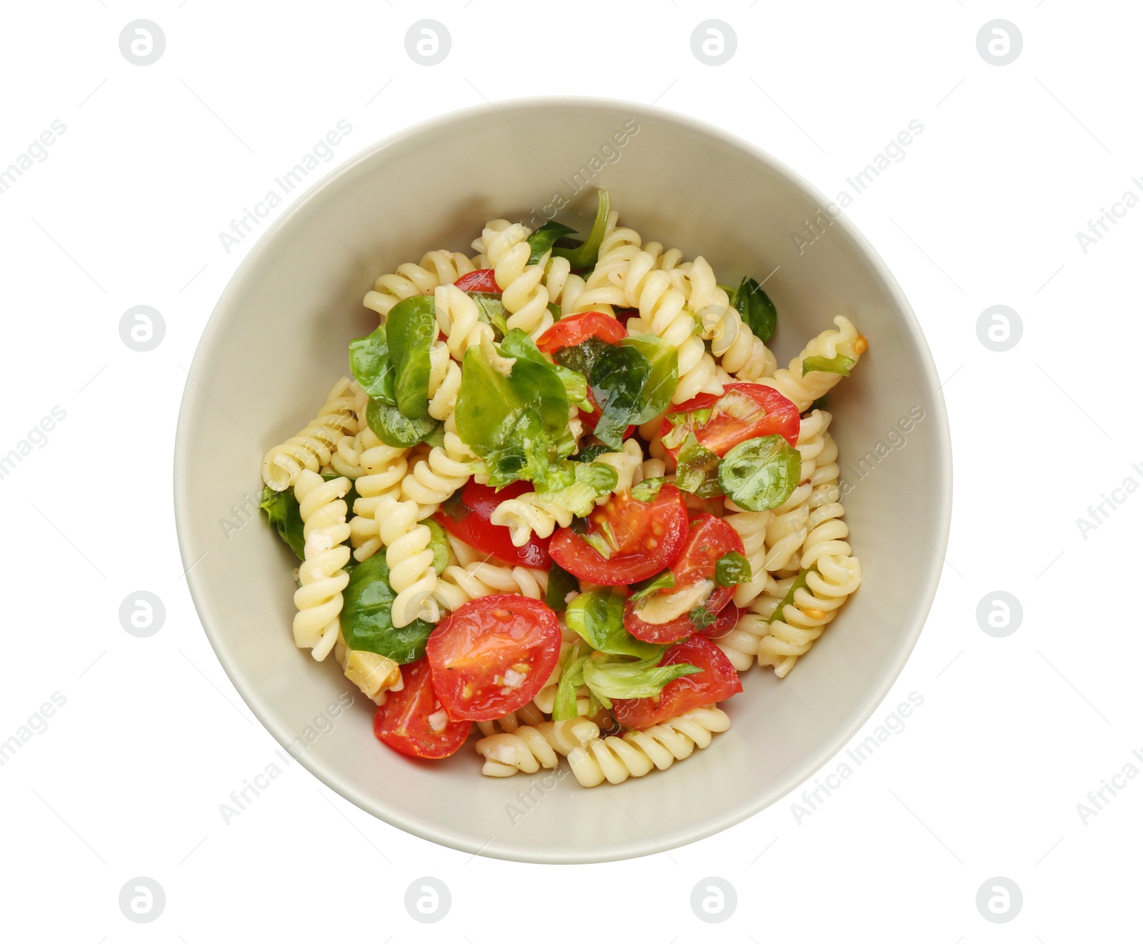 Photo of Tasty pasta salad with basil and fresh tomatoes on white background