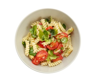 Photo of Tasty pasta salad with basil and fresh tomatoes on white background