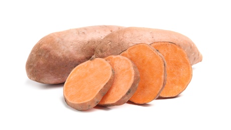 Photo of Fresh ripe sweet potatoes on white background