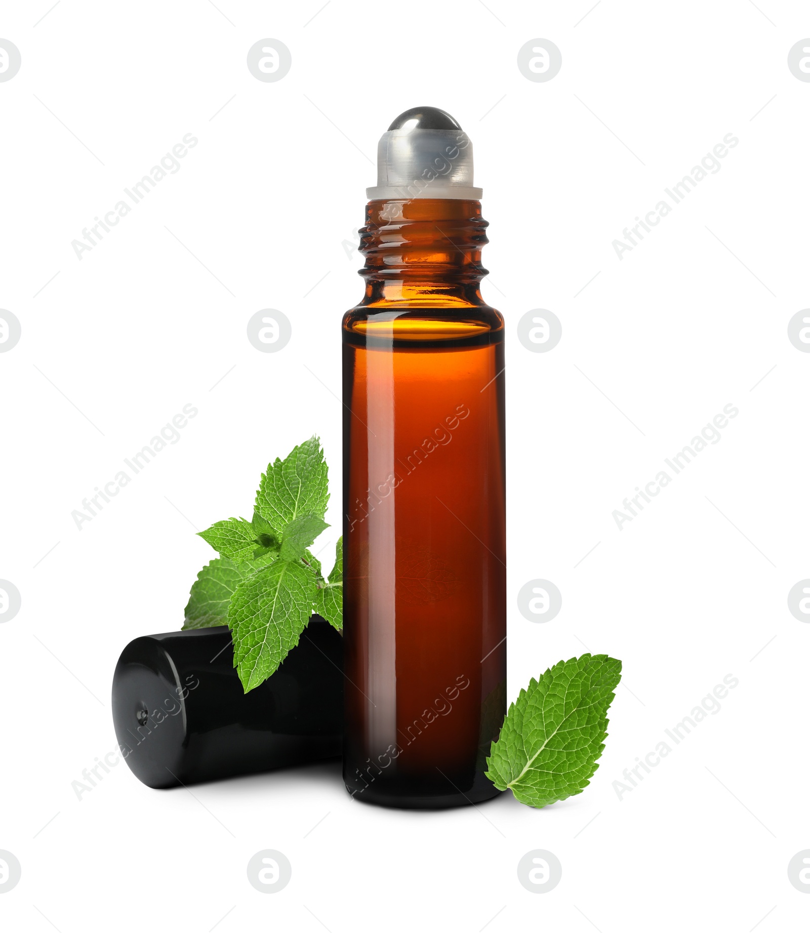 Image of Bottle of mint essential oil and green leaves on white background