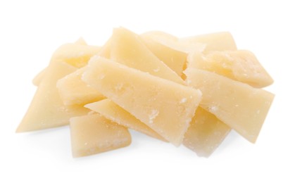 Photo of Pile of parmesan cheese pieces on white background