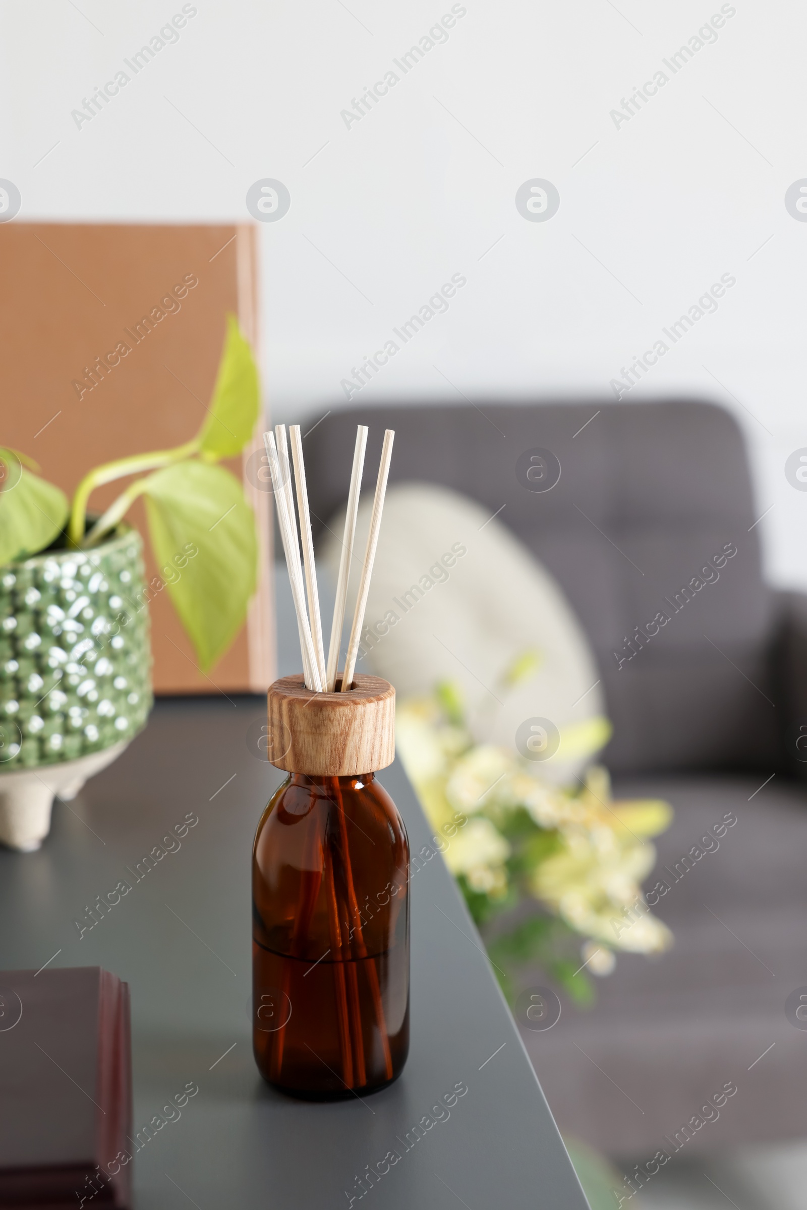 Photo of Aromatic reed air freshener near houseplant on gray table indoors