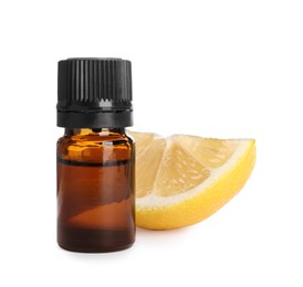 Photo of Bottle of citrus essential oil and cut fresh lemon isolated on white