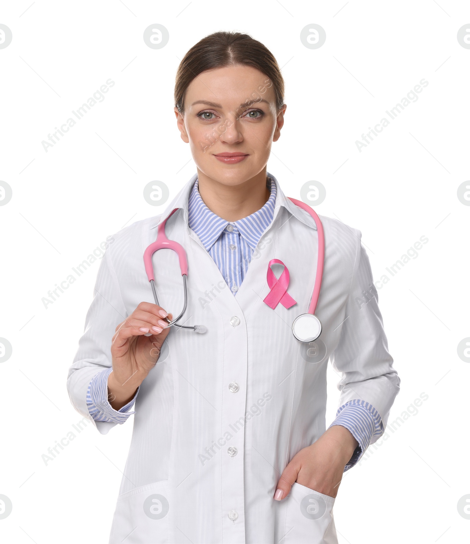 Photo of Mammologist with pink ribbon on white background. Breast cancer awareness