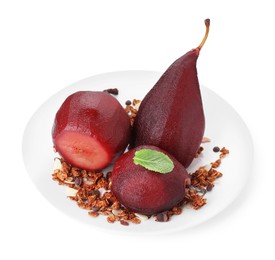 Photo of Tasty red wine poached pears with muesli isolated on white