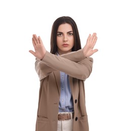 Beautiful young businesswoman in suit on white background