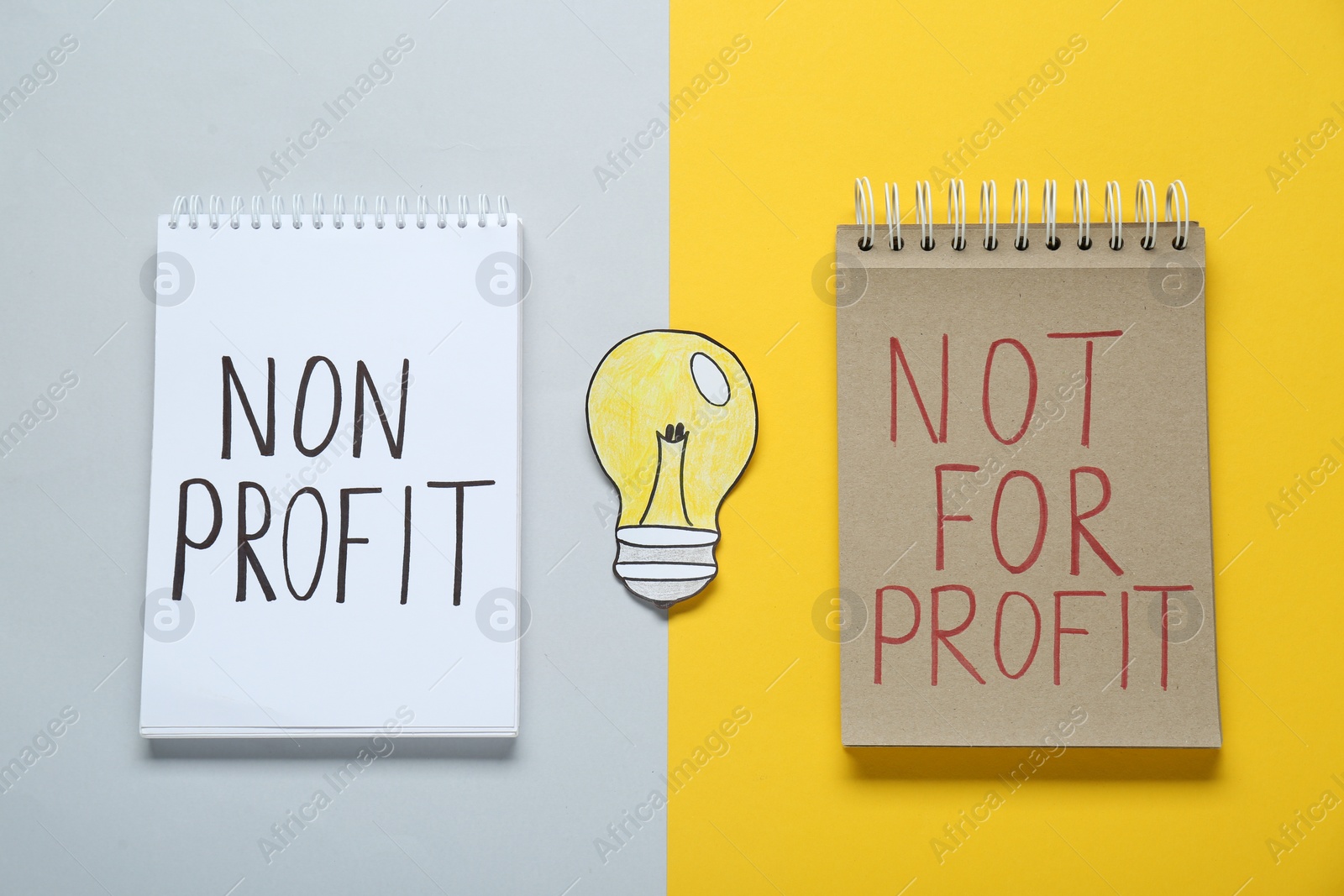 Photo of Non Profit - Not for Profit. Flat lay composition with notebooks and paper lamp bulb on color background