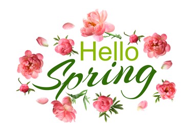 Image of Hello Spring card design with beautiful peonies on white background