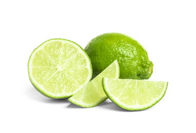 Fresh ripe green limes isolated on white