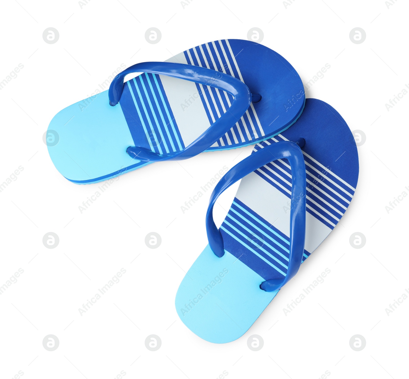 Photo of Pair of bright flip flops isolated on white, top view