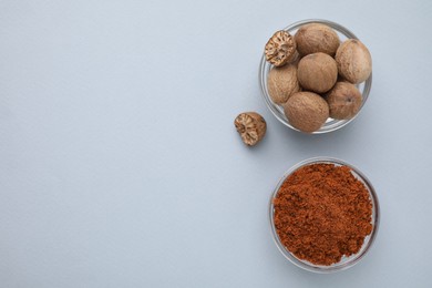 Photo of Nutmeg powder and seeds on white background, flat lay. Space for text