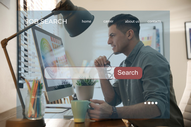 Image of Search bar of internet browser and professional designer working with computer in office. Double exposure