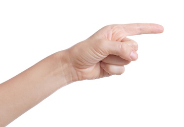 Woman pointing at something on white background, closeup of hand