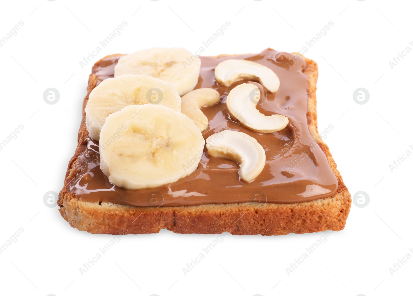 Photo of Toast with tasty nut butter, banana slices and cashews isolated on white