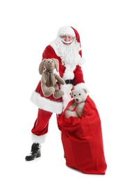 Photo of Authentic Santa Claus with red bag full of gifts on white background