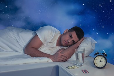 Man suffering from insomnia in bed and beautiful starry sky on background