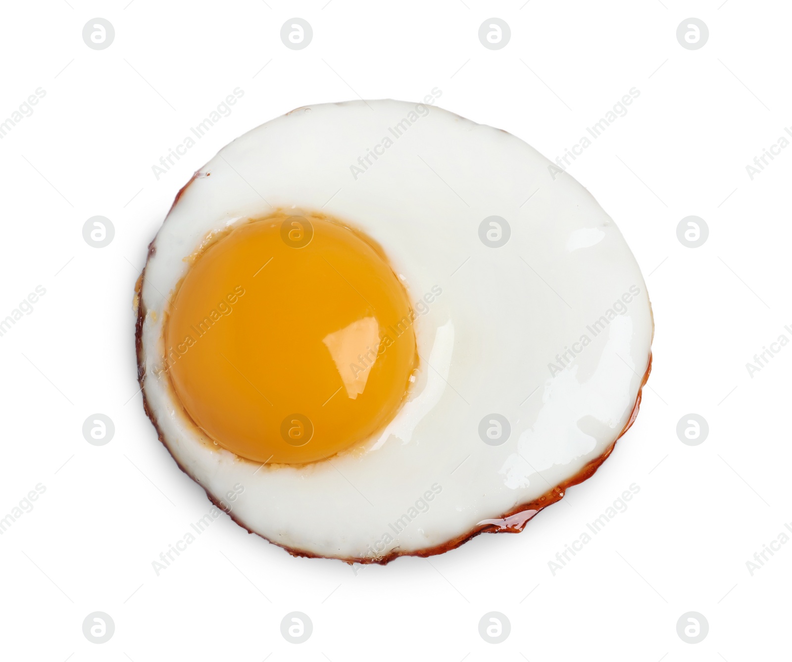 Photo of Delicious fried egg isolated on white, top view