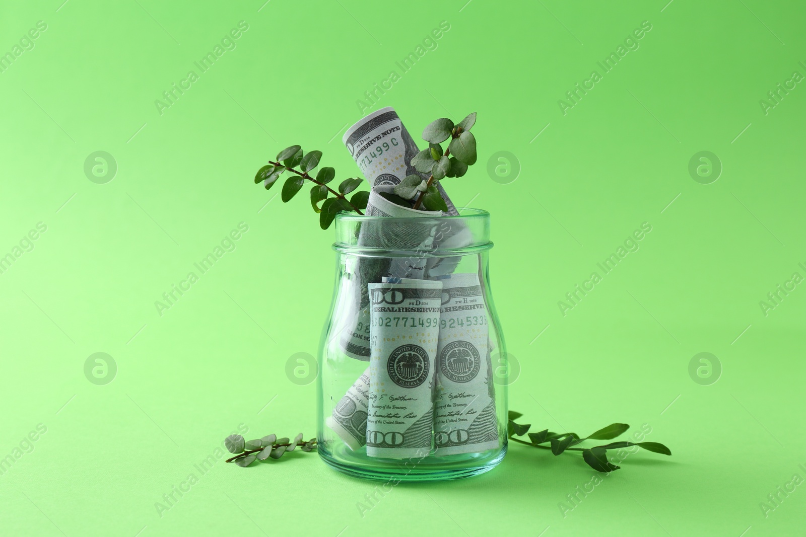 Photo of Financial savings. Dollar banknotes in glass jar and twigs on green background