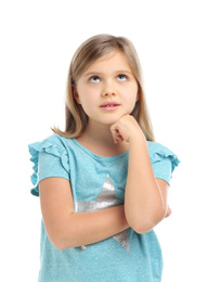 Photo of Thoughtful little girl wearing casual outfit on white background